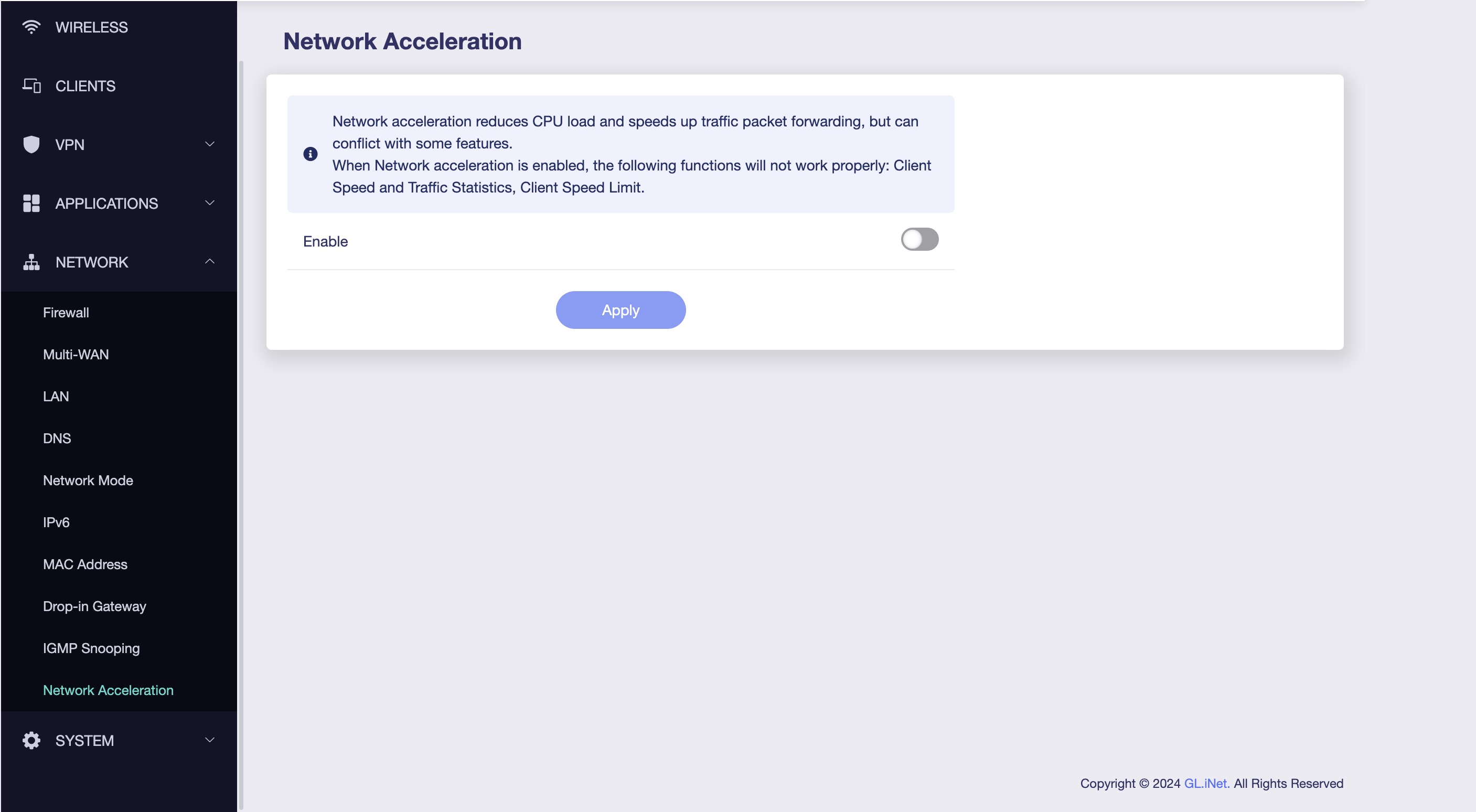 Network Acceleration Setting in GL.iNet Admin Panel