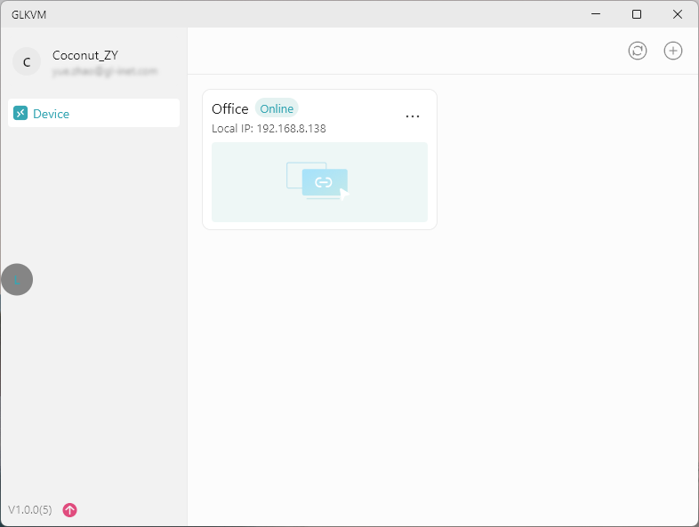 KVM dashboard showing the GL-rm1 device listed as 'Online' with a 'Remote Control' button for initiating a remote session.