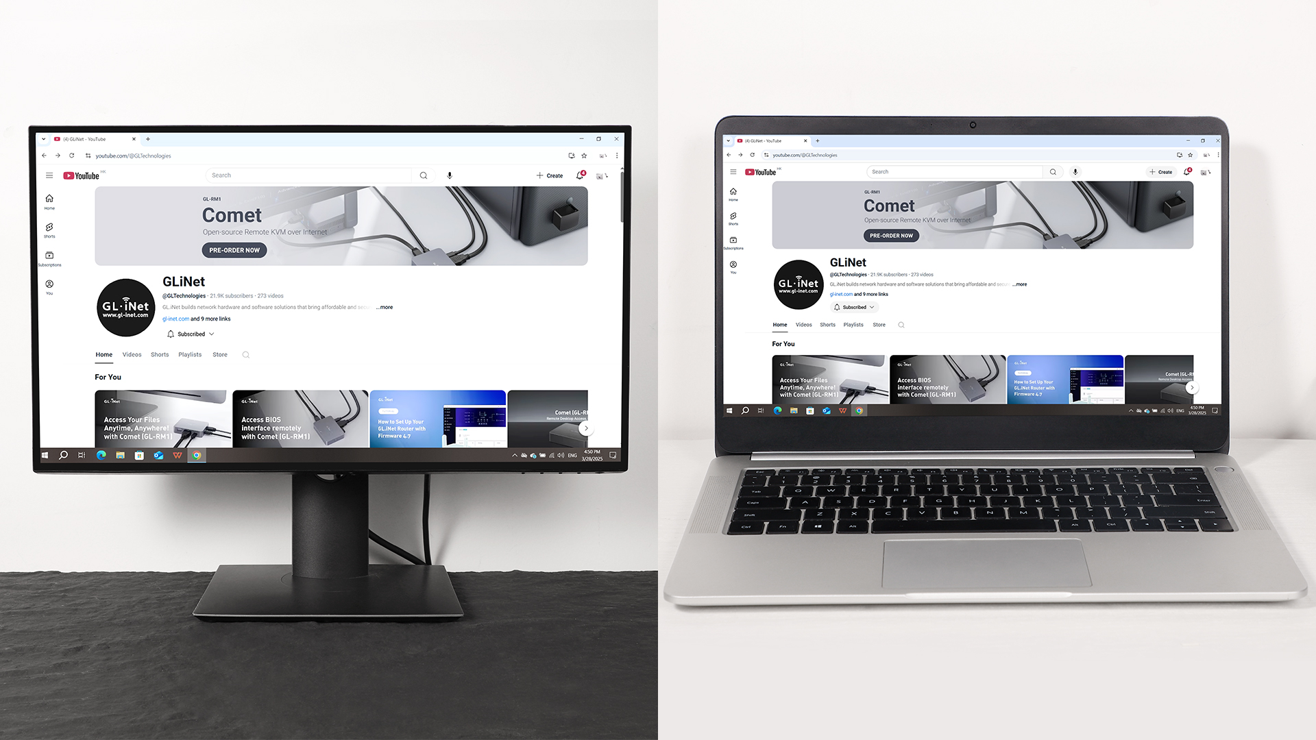 Photo showing two laptops side by side—an Acer on the left displaying a remote session and a Dell on the right showing the same document—demonstrating real-time remote control performance.