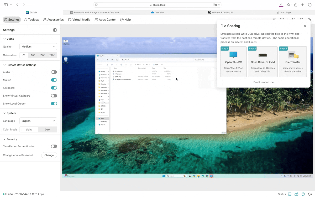 KVM remote interface showing a Windows file explorer with the KVM drive open, alongside a file sharing pop-up explaining three steps to transfer files between devices via a virtual USB drive.