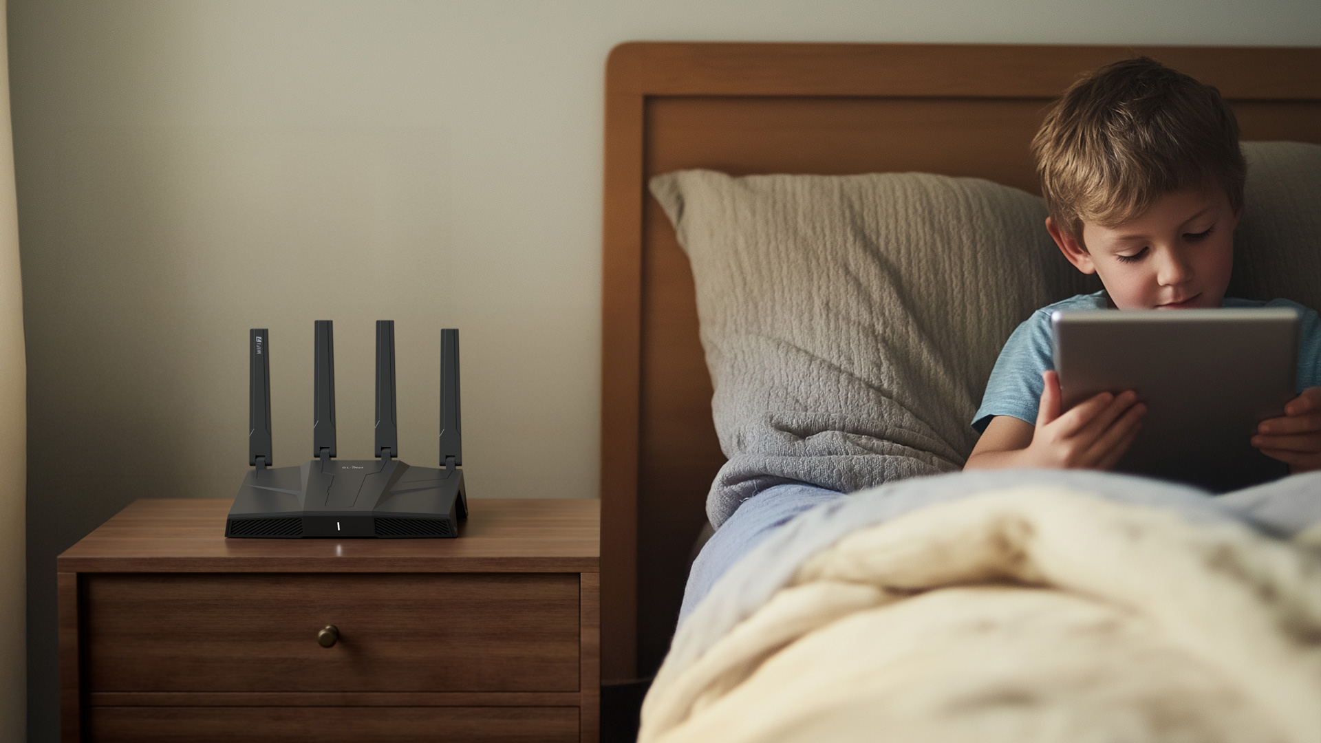 Picture of a child using their tablet next to the Flint 3 router