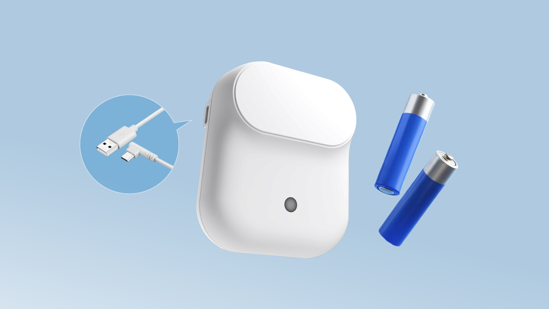 LWR01 supports dual power: batteries or a USB-C cable