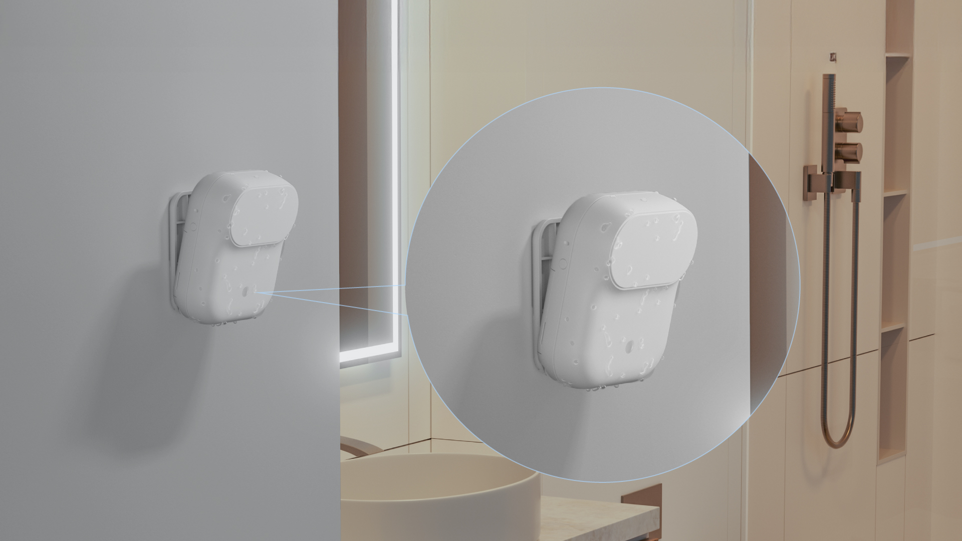 LWR01 in bathroom, with water droplets on, indicating splash-proof