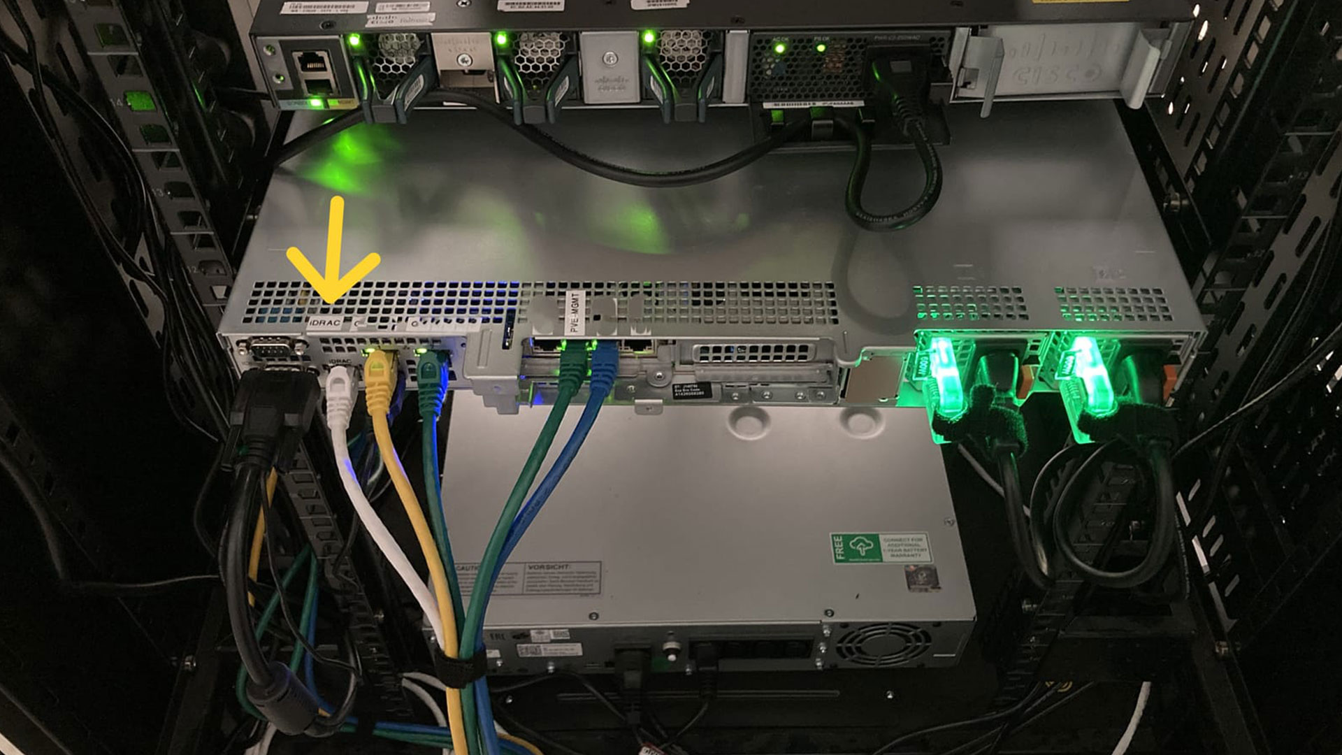 A Dell rack-mounted server with iDRAC out-of-band functionality.