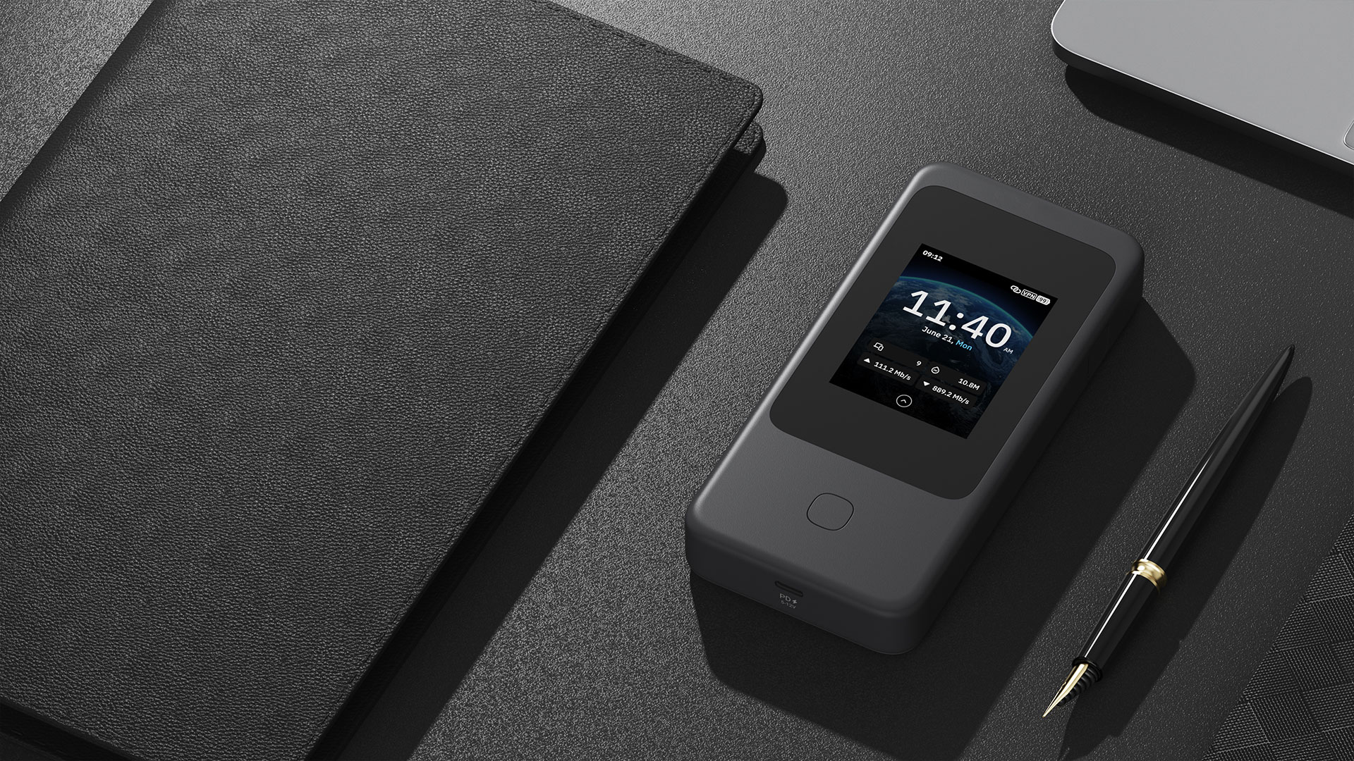 GL.iNet Mudi 7 (GL-E5800) - The ultimate 5G Wi-Fi 7 travel router with touchscreen control, shown in a sleek, portable design.