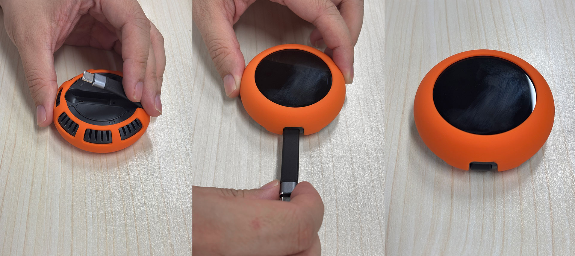 Back side of Comet Q with Type-C cable coming out