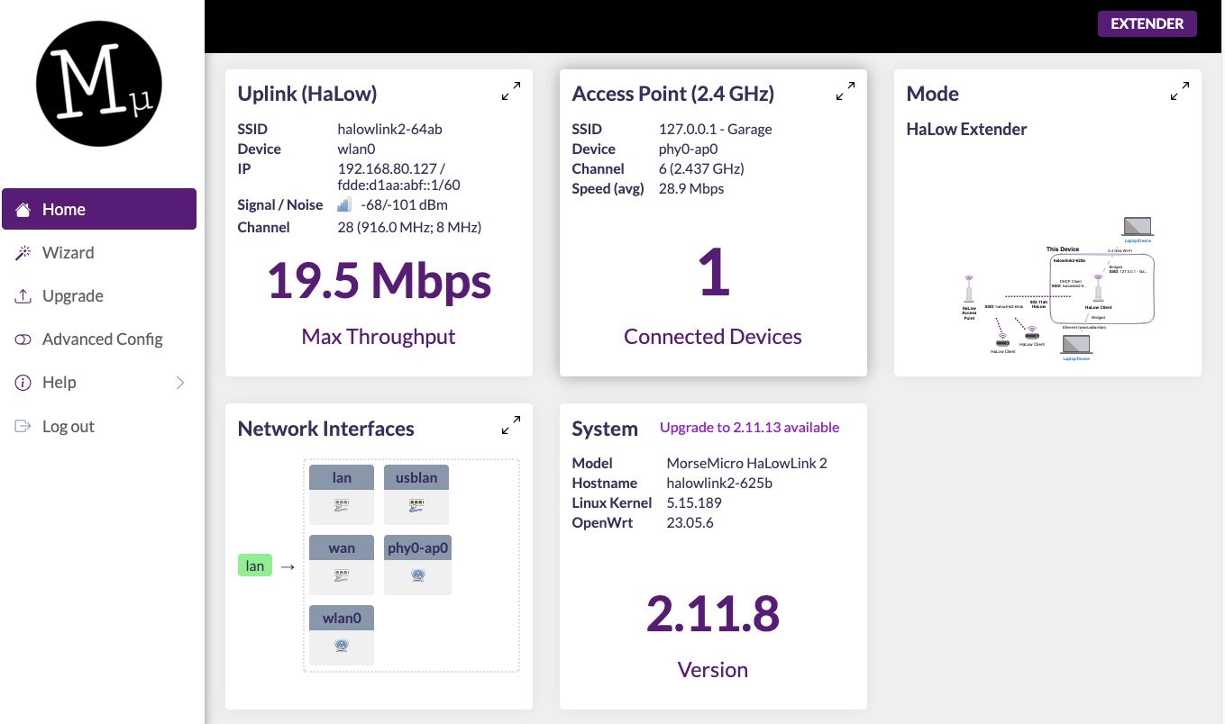 HaLowLink 2 dashboard showing network status