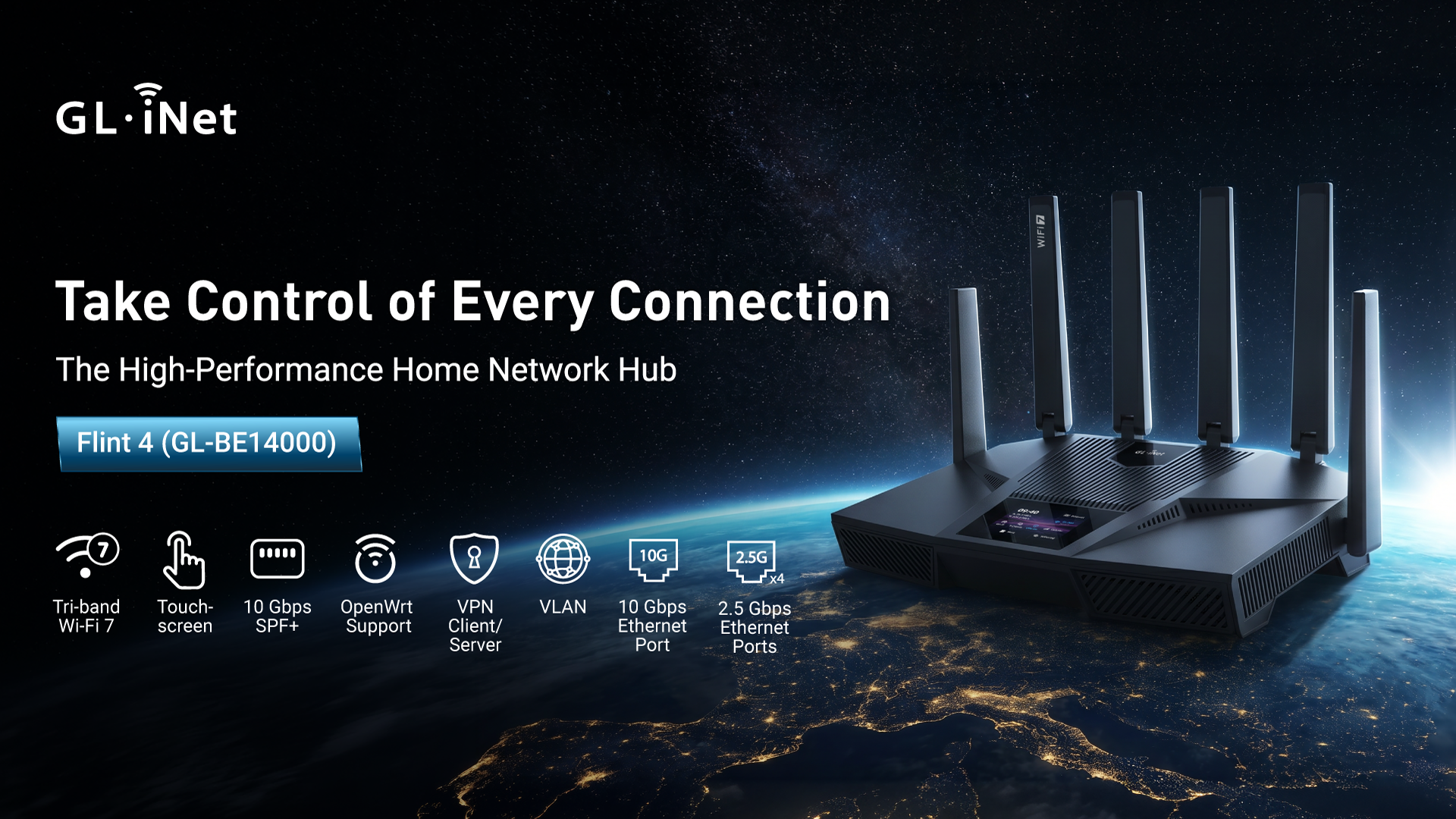 GL.iNet Flint 4 BE14000 tri-band Wi-Fi 7 home router
