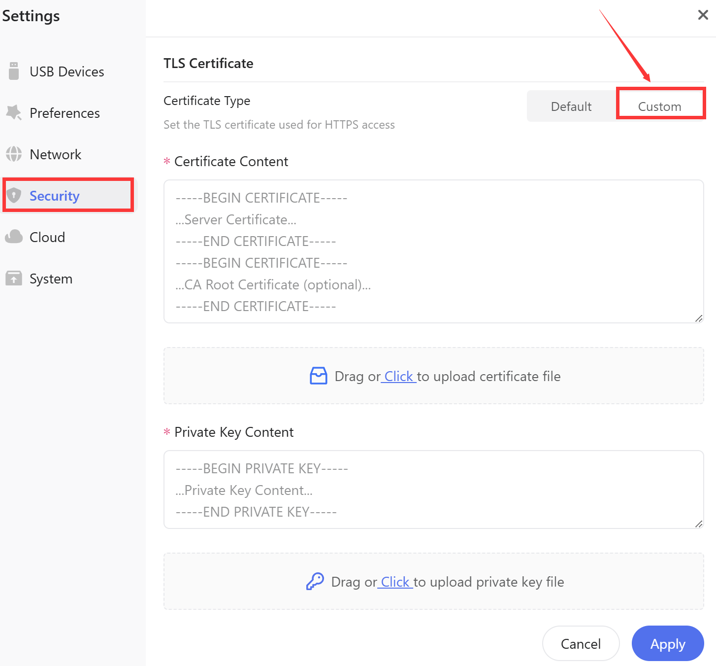TLS certificate custom