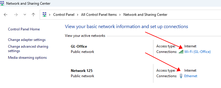 network and sharing center, connections