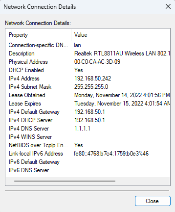 network and sharing center, connections status detail