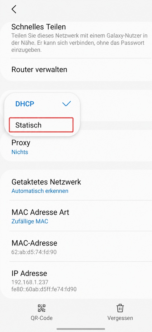 IP settings, static