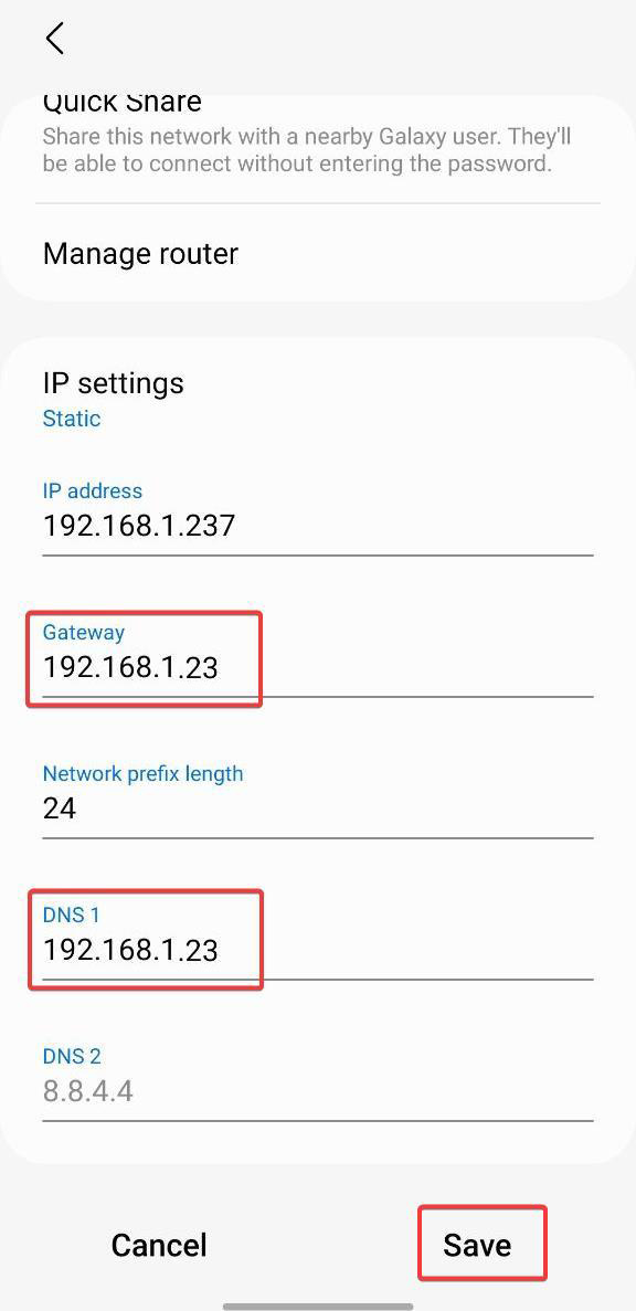 set gateway and dns ip