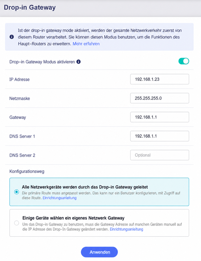 drop-in gateway generated settings