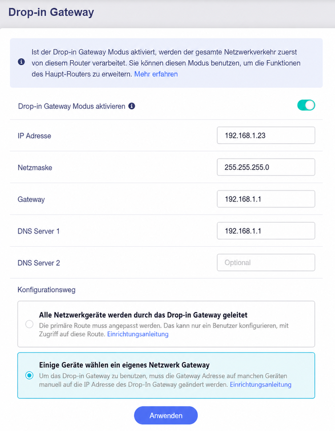 drop-in gateway generated settings