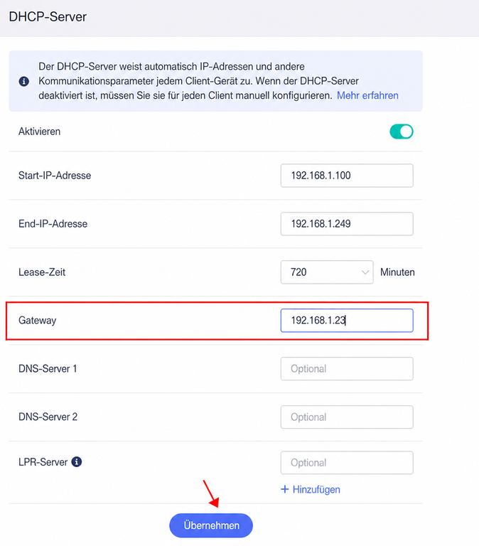 glinet lan, dhcp gateway