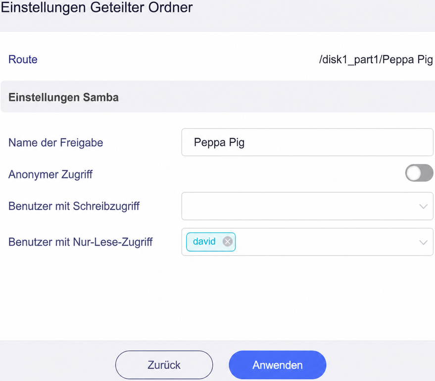 samba quick setup share, shared folder settings
