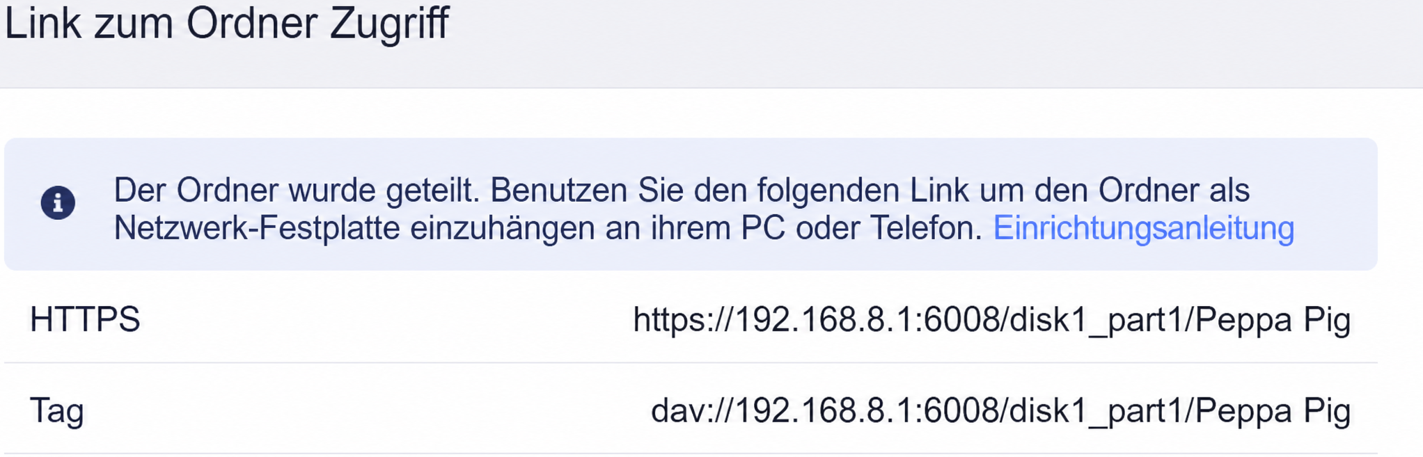webdav quick setup share, folder access link
