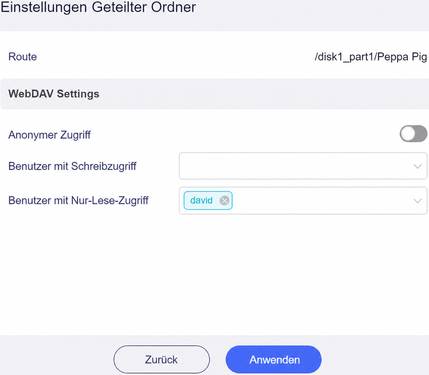 webdav quick setup share, shared folder settings