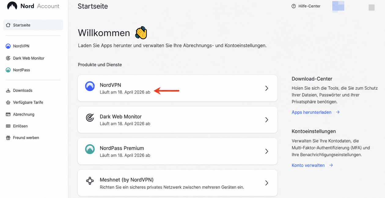 nordvpn dashboard