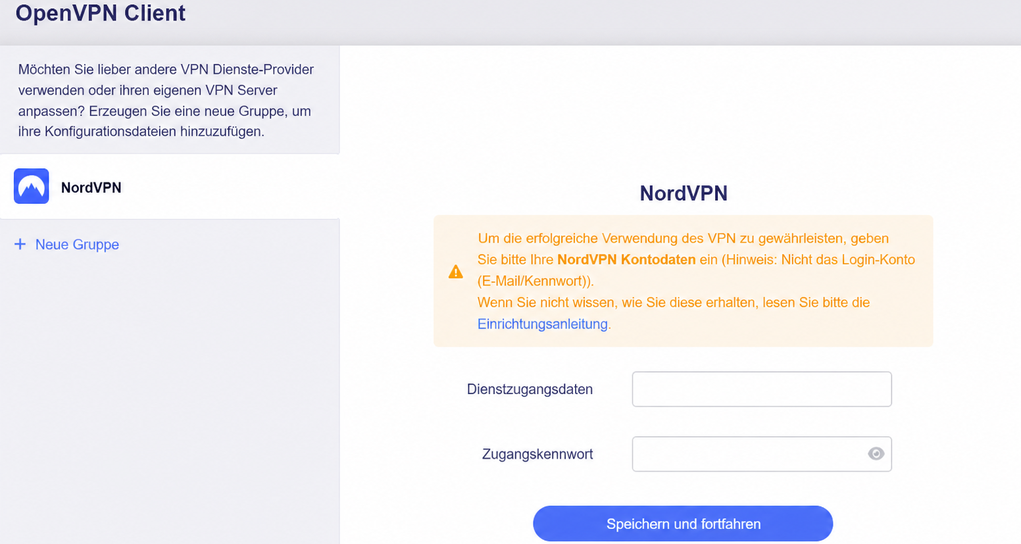 input nordvpn service credentials