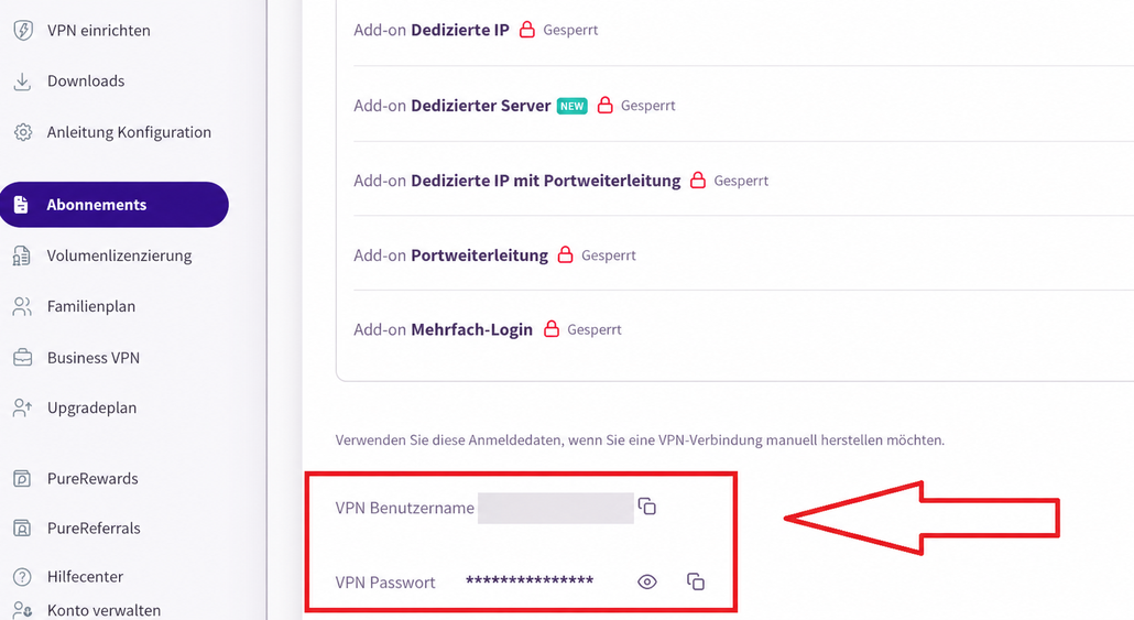purevpn username and password