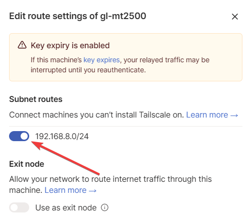 tailscale enable subnet route
