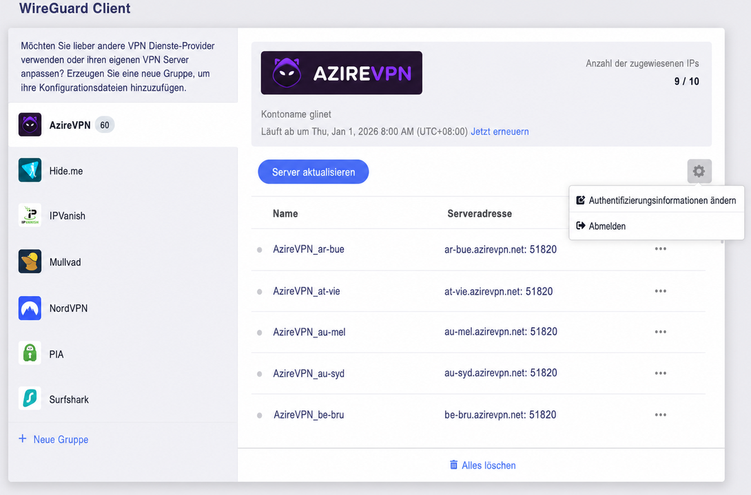azirevpn edit credentials or logout
