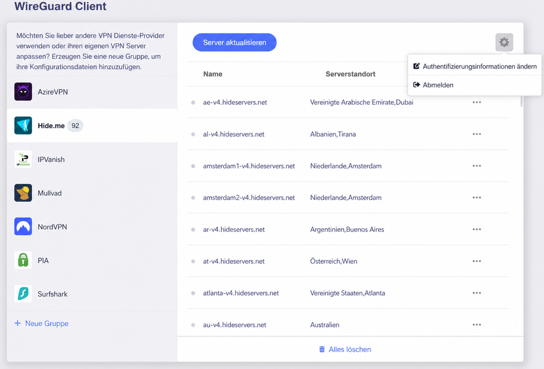 hideme edit credentials or logout
