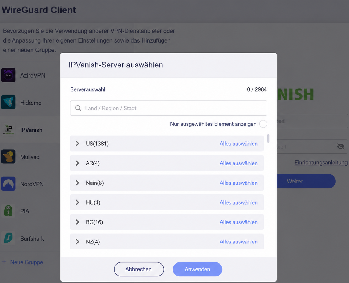 ipvanish select servers