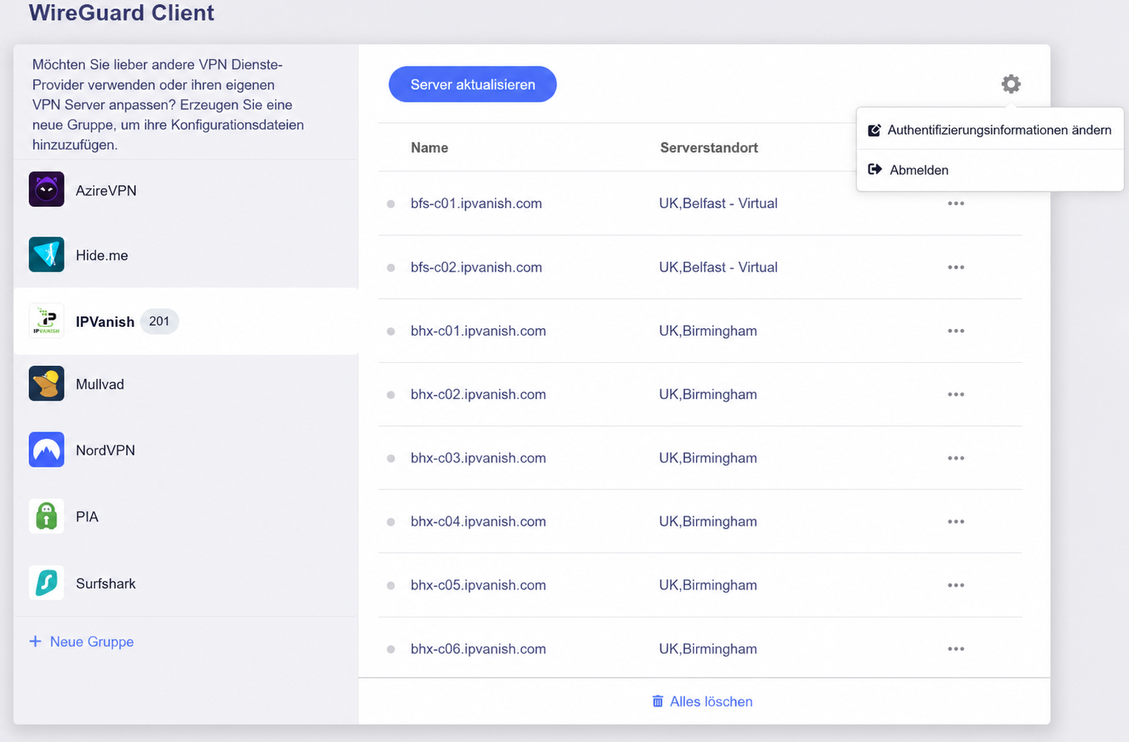 ipvanish edit credentials or logout