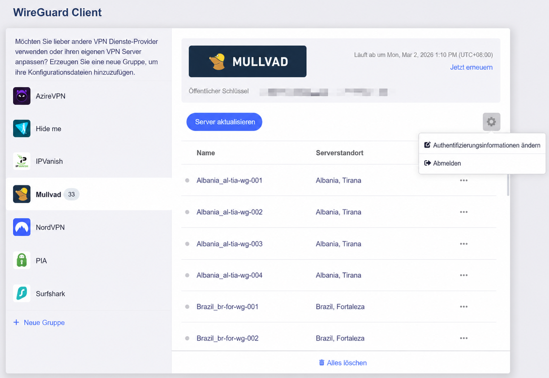 mullvad edit credentials or logout