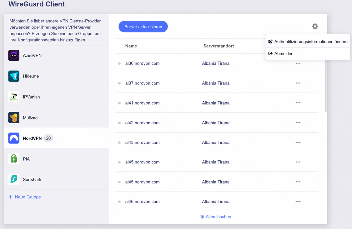 nordvpn edit credentials or logout