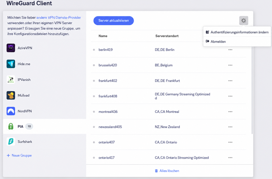 pia edit credential or logout