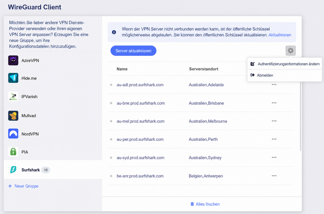 surfshark edit credential or logout