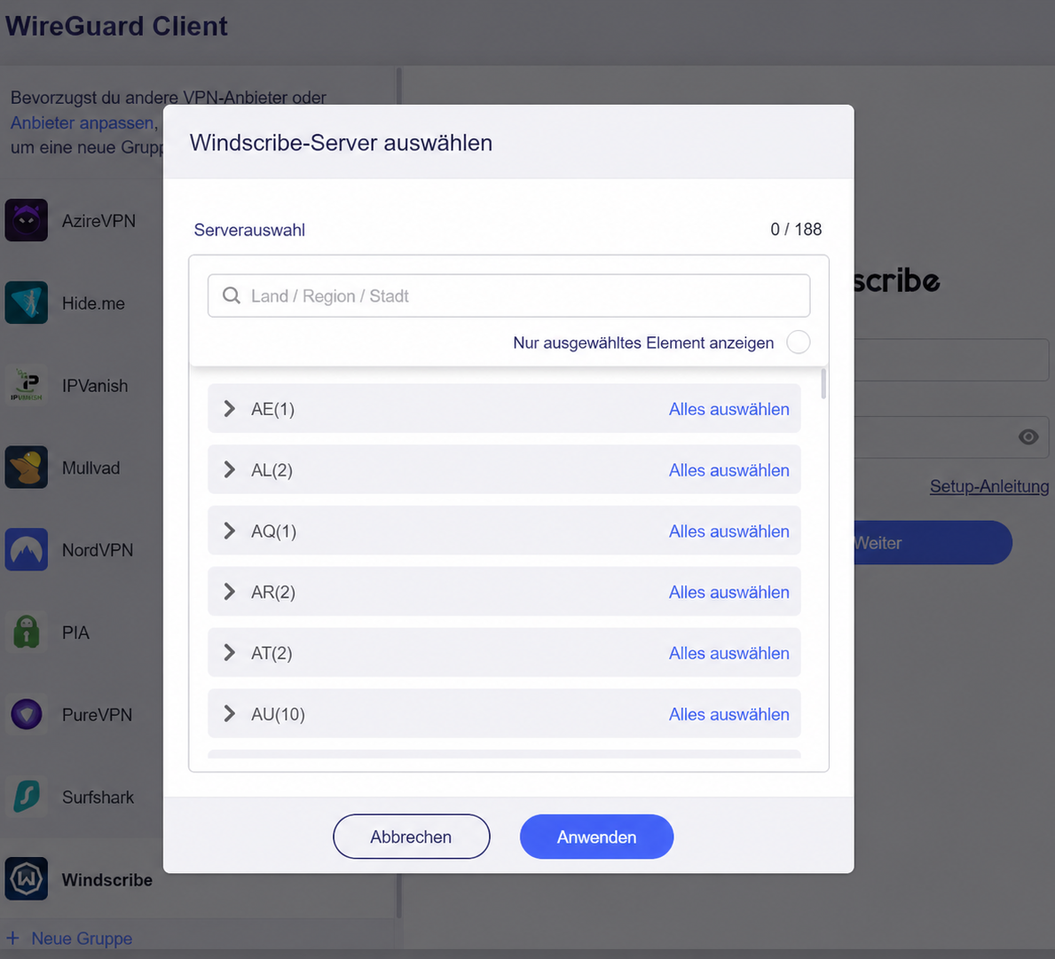windscribe select servers