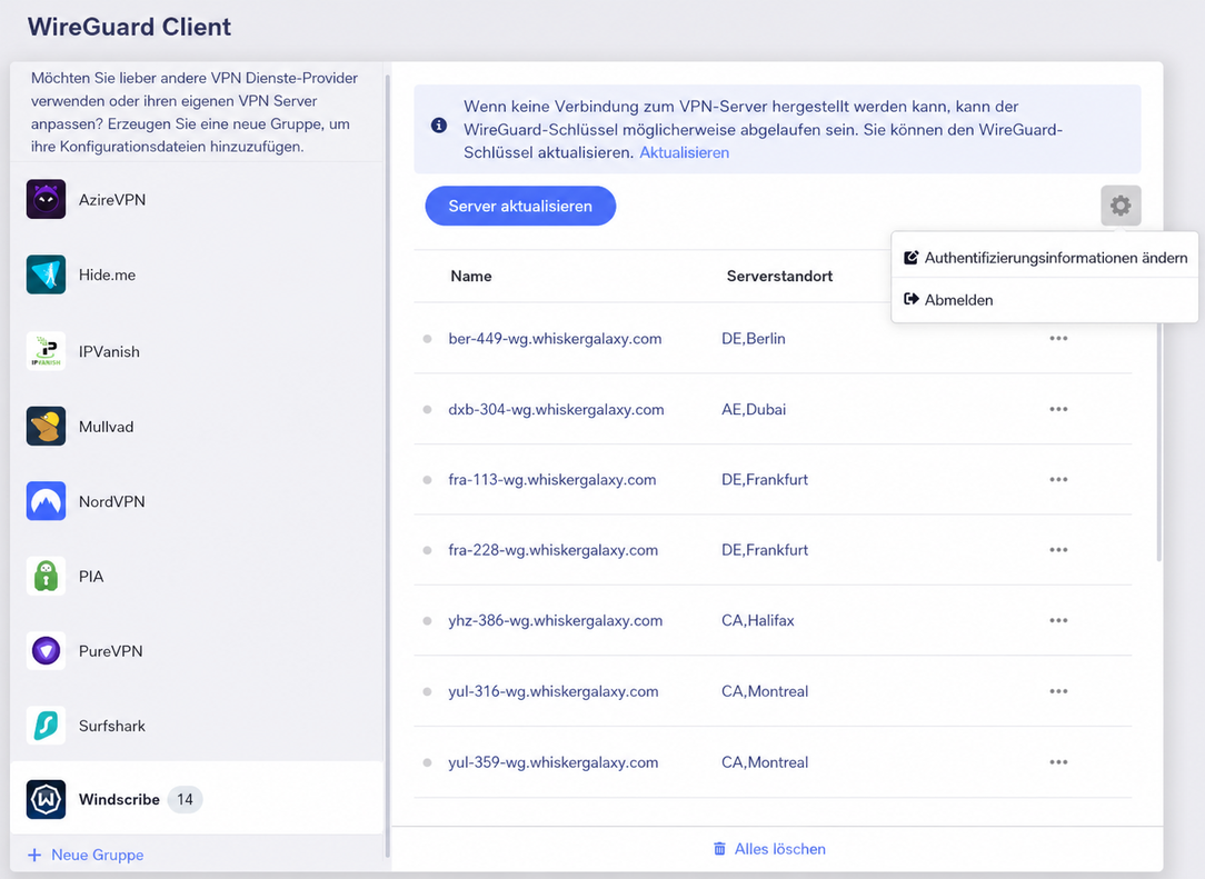windscribe edit credential or logout