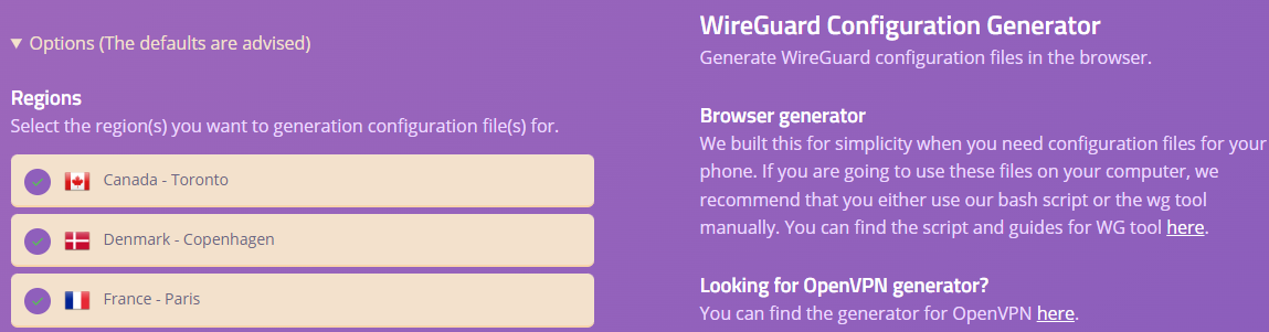 azirevpn wireguard configuration generator