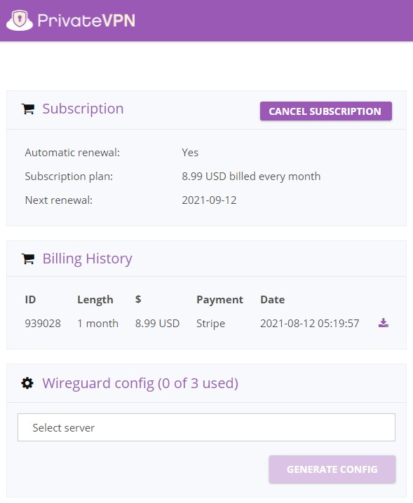PrivateVPN Control panel