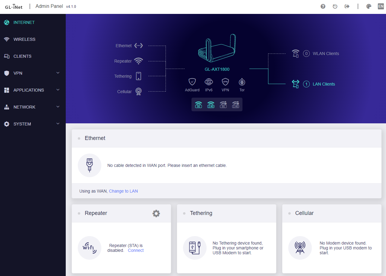 admin panel of gl-axt1800