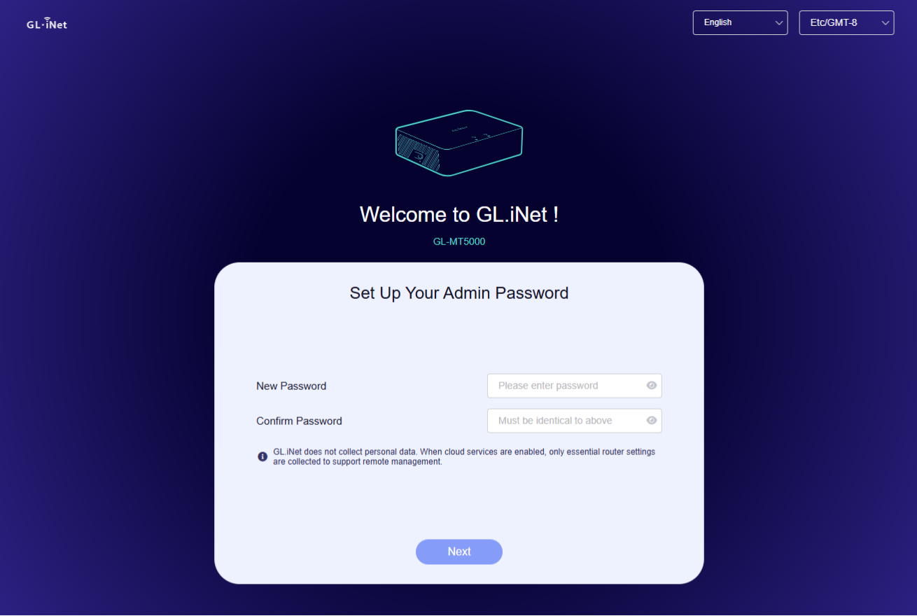 mt5000 set up admin password