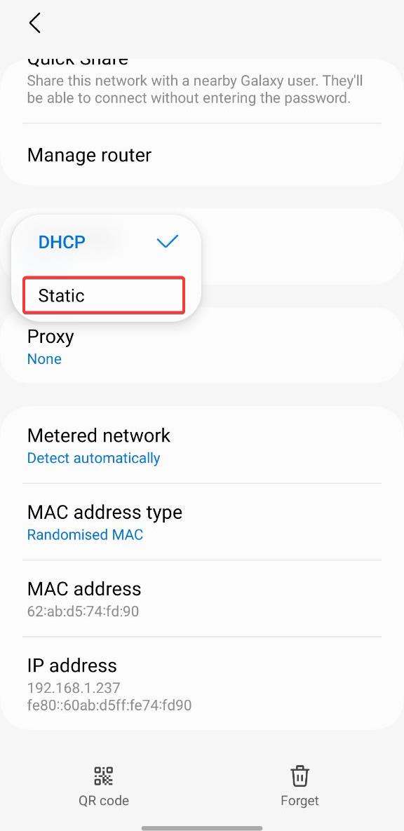 IP settings, static