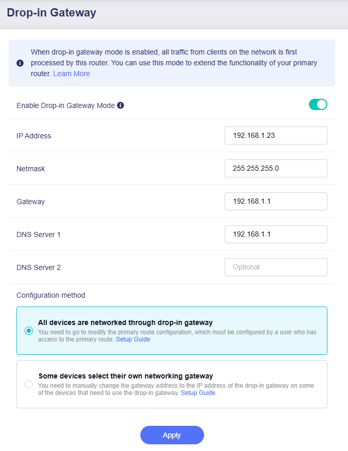 drop-in gateway generated settings