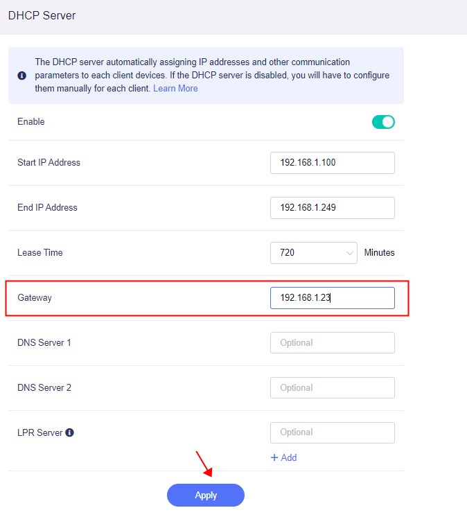 glinet lan, dhcp gateway