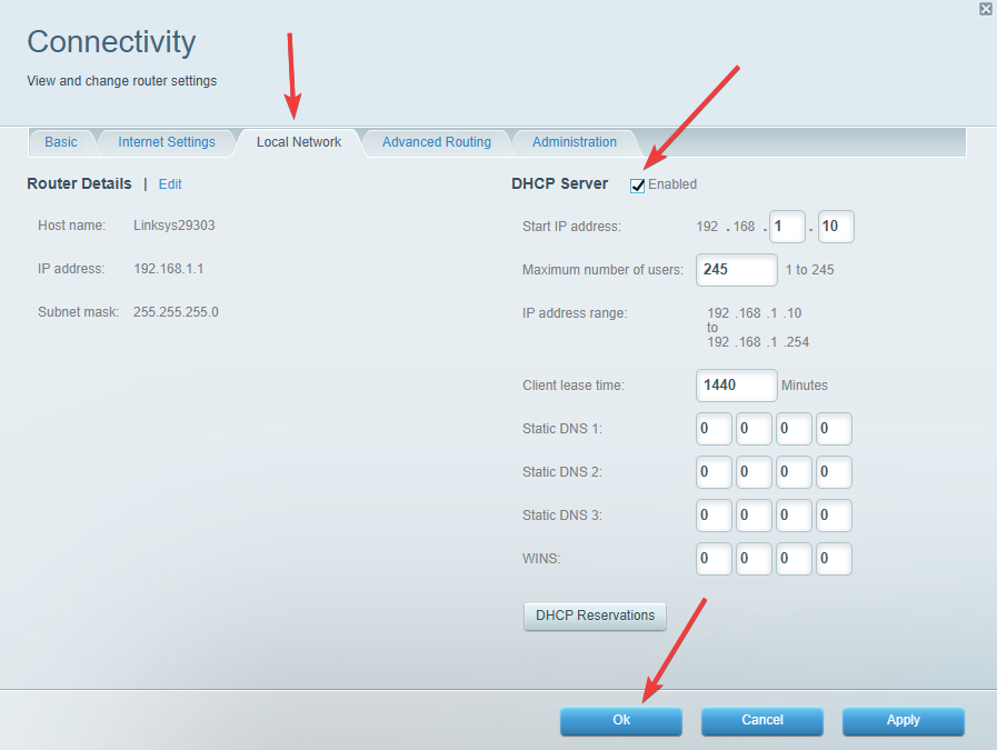 linksys admin, local network, disable dhcp
