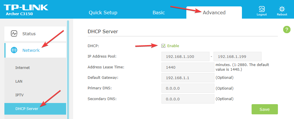 tplink admin, disable dhcp