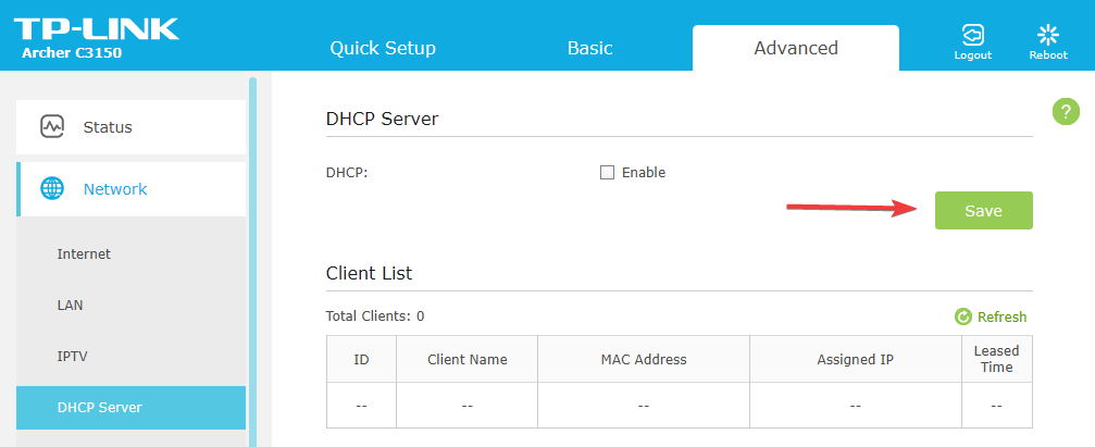 tplink admin, disable dhcp