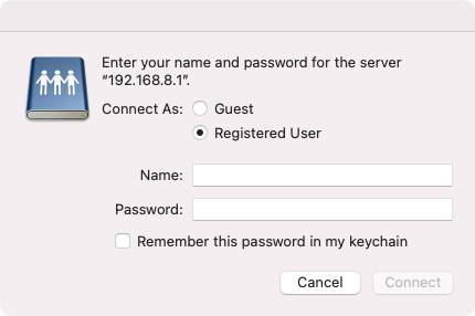 network storage, mac os finder connect to server username password
