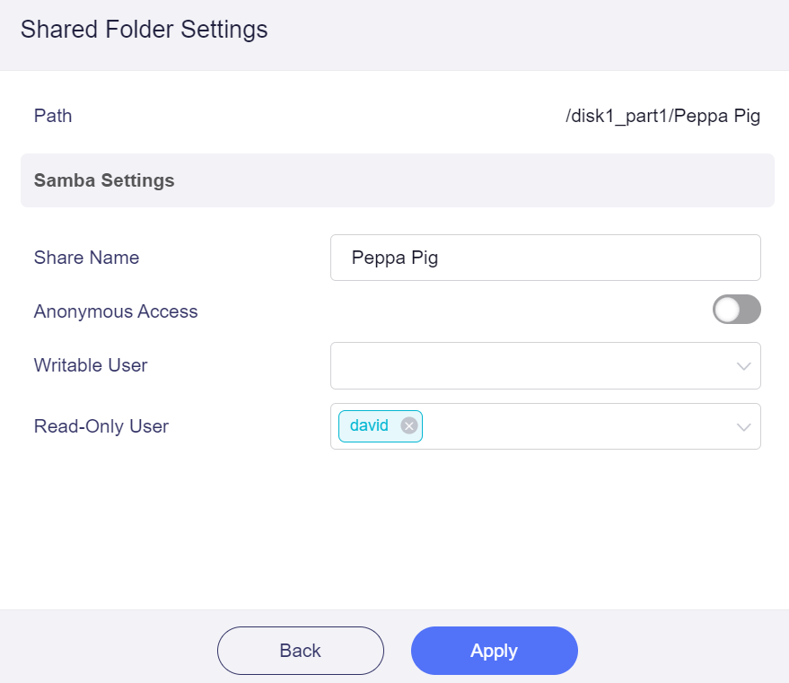samba quick setup share, shared folder settings