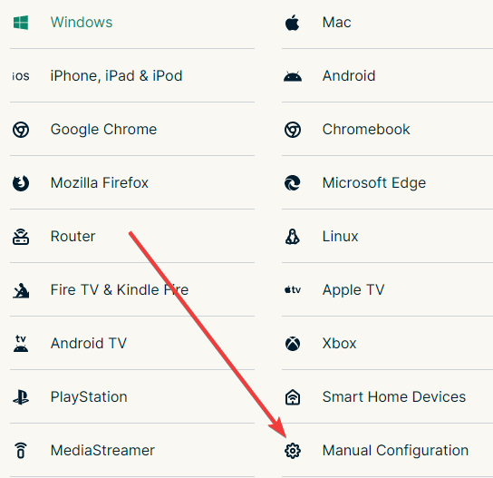expressvpn, set up your devices, manual configuration